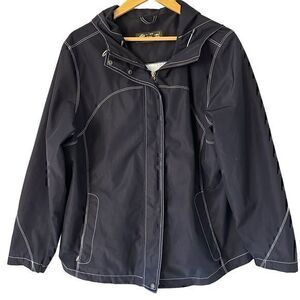 Eddie Bauer Womens Navy Blue White Zip Up Hooded Waterproof Windbreaker Size XL